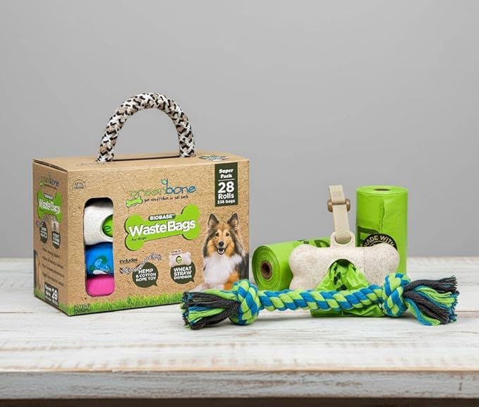 Greenbone BioBase Pink Dog Poop Bag Refills: 28 Rolls - 336 Bags with Dispenser and Rope Toy Handle- Dog Gift Set