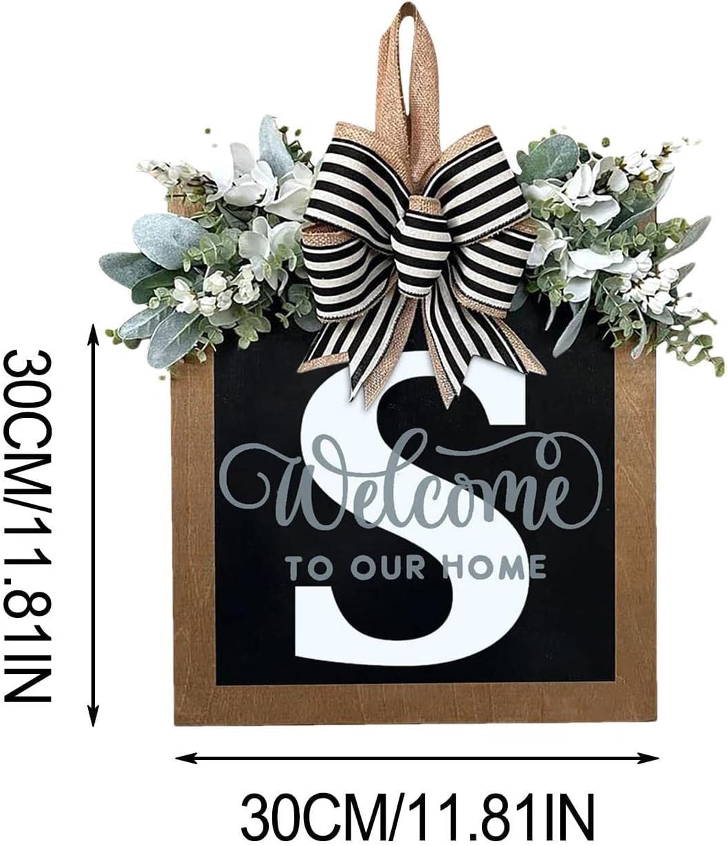 Last Name Year Round Front Door Wreath Front Porch Decoration 26 Letter Welcome Sign with Eucalyptus Garland and Bow Spring Wreaths for Front Door Outside Hanger Garland（S）