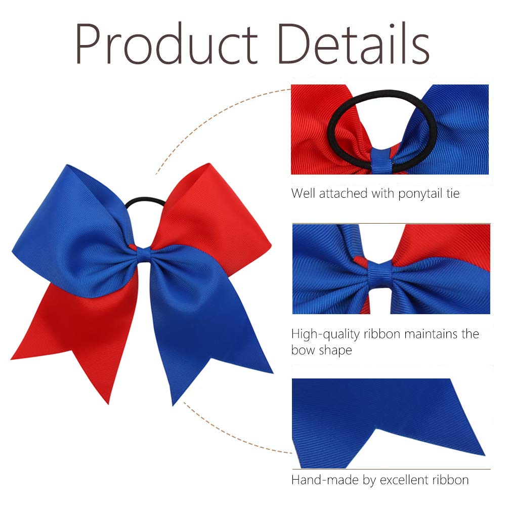 16PCS 8 Large Cheer Hair Bows Ponytail Holder Elastic Band Handmade for Cheerleading Teen Girls College Sports (Royal blue/Red,