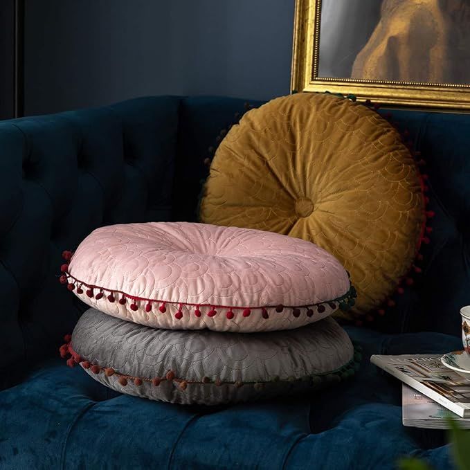 vctops Velvet Soft Round Chair Pads Cute Gradient Pom Pom Indoor Dining Chairs Cushion (Pink, Diameter 16")