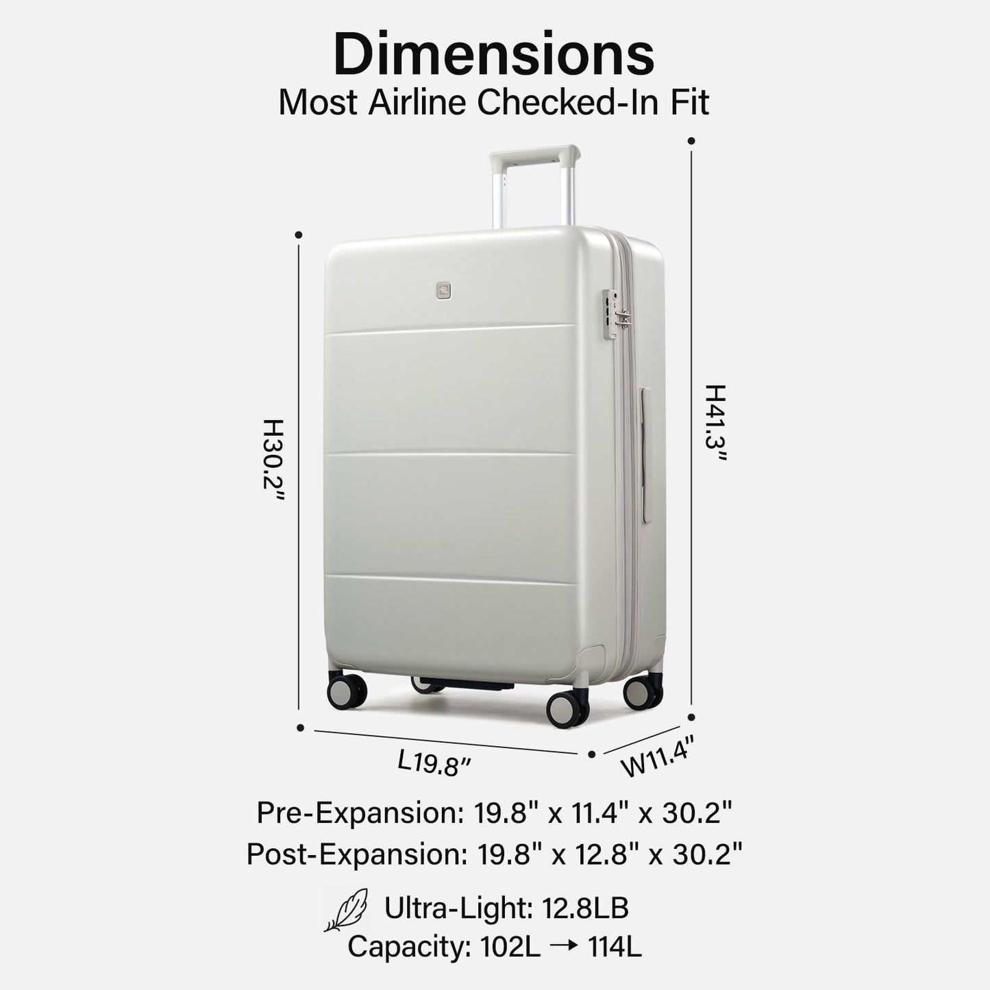 Hanke Expandable 28 Inch Luggage with Spinner Wheels, Hardside Large Suitcase, All-PC Hard Shell Checked Luggage, TSA Lock, Durable Checked-Large (Smoke White, 114L)