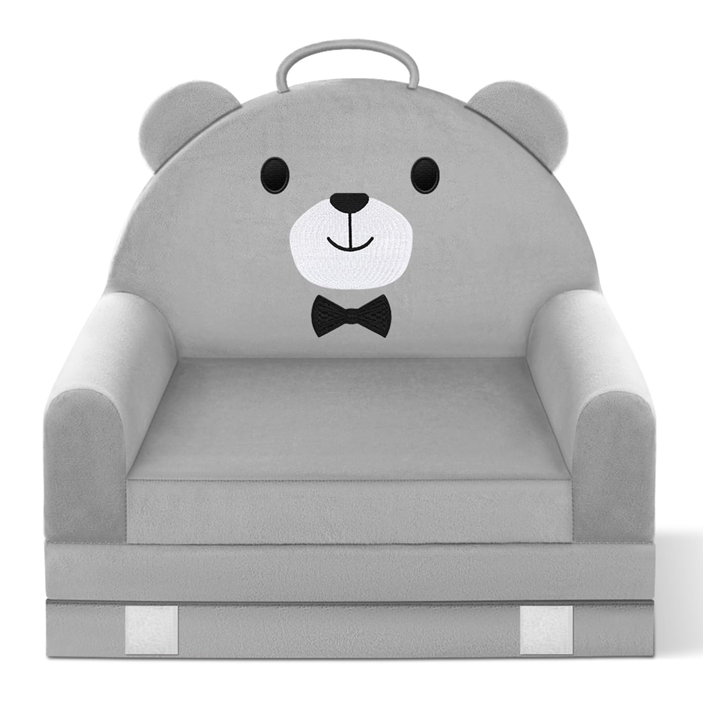 Kids Sofa Bed with Removable Washable Cover & Magic-Tape Backrest – Foldable Toddler Chair, Cozy Crystal Velvet Furniture for Playtime, Naps & Travel (Soft Grey, Bear Design)