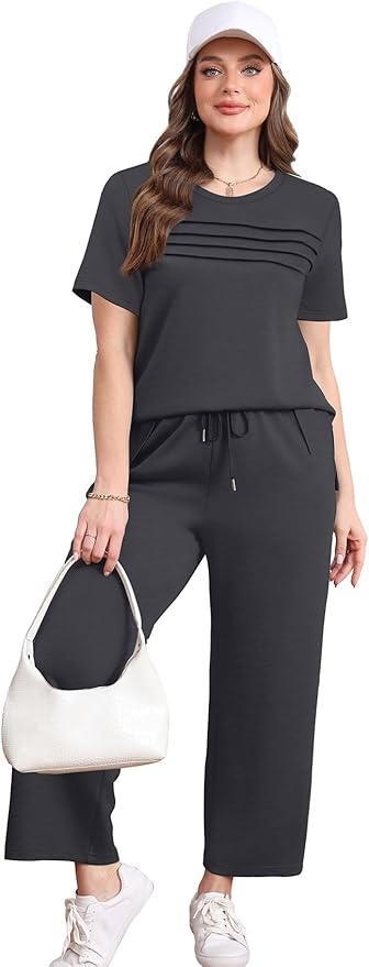 WIHOLL Two Piece Sets for Women Summer Travel Vacation Outfits Short Sleeve Lounge Sets Side Slit Wide Leg Pants S-3XL