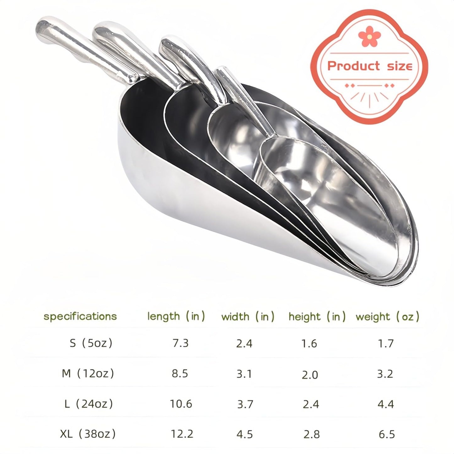 Heavy-Duty Cast Aluminum Kitchen Scoop - Rust-Proof, Ergonomic S-Handle Ice Cube Endurance Scoopfor Ice, Candy, Popcorn, Coffee Beans, Flour & Pet Food - Commercial-Grade Durable Design (M（12oz）)