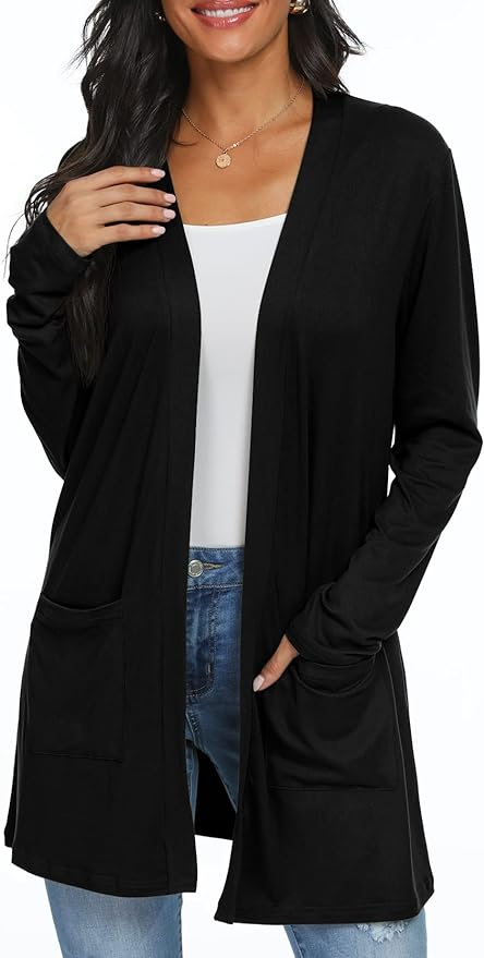 Womens Casual Lightweight with Pocketes Long Sleeve Open Front Cardigan