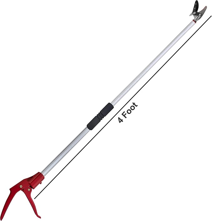 Tree Trimmer, 4 Foot Pole Pruner, Long Reach Pruning Shears, Cut and Hold Garden Clippers, Aluminum Lightweight Handle Fruit Picker, Branch Bypass Loppers