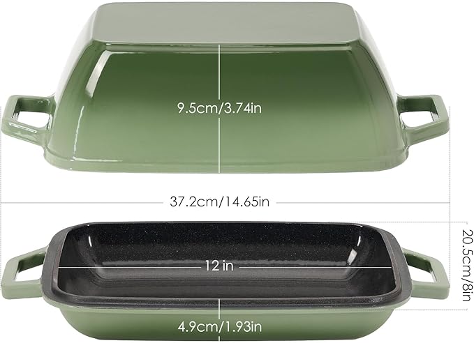 Cast Iron Dutch Oven for Bread Baking 12x8 Inch Enameled Bread Oven with Lid 6QT Cast Iron Bread Dutch Oven for Sourdough，Green