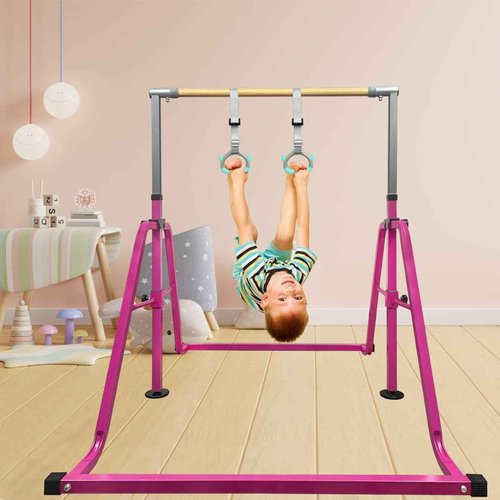 GLANT Gymnastics Bar for Kids with Rings Set, 7 Heights Adjustable Easy Folding Gymnastic Training Bar Kids Monkey Horizontal Bars - Max Load 300LBS (Pink)