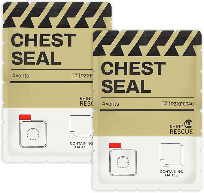RHINO RESCUE Vented Chest Seal, 4 Vents, Sterile Emergency Trauma Dressing, Occlusive Adhesive Pad, IFAK Trauma Refill Med...