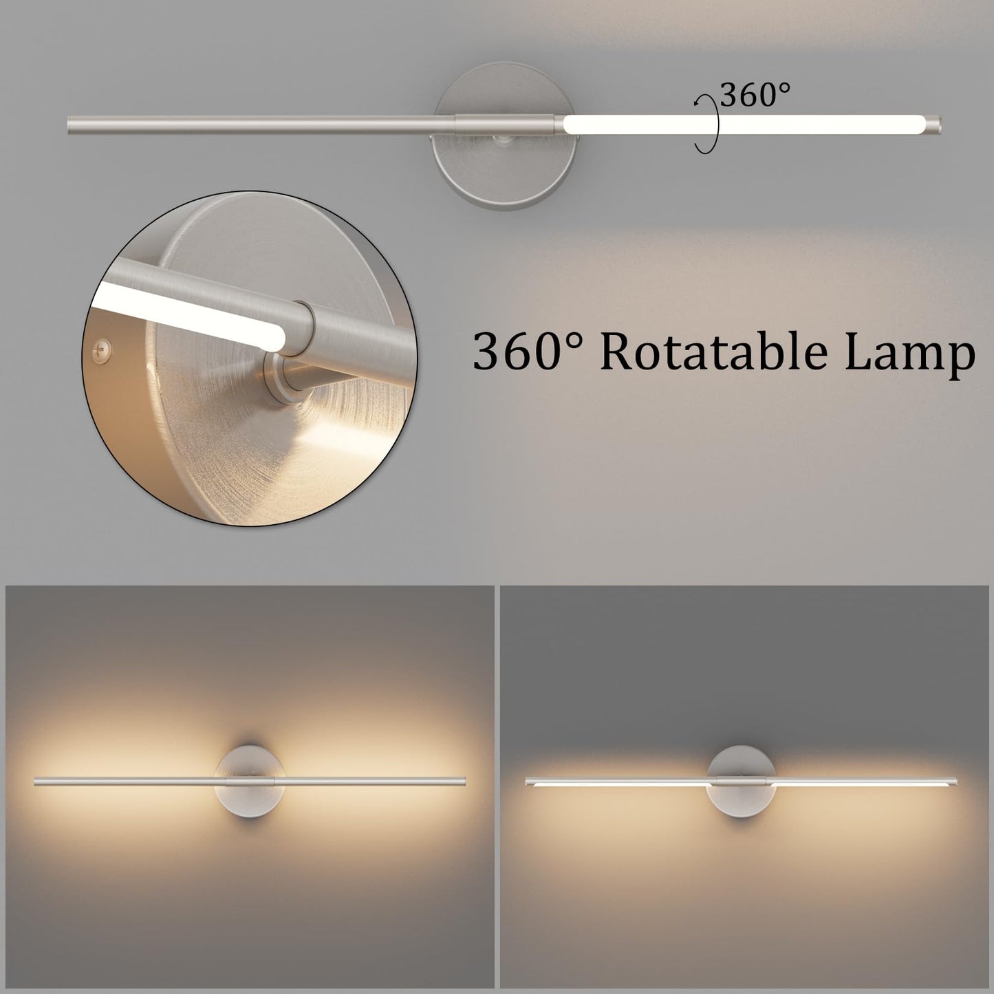Coinmit 28In Sand Nickel Wall Sconces Set of Two Hardwired 3000K LED Modern Vanity Light 360° Rotatable for Living Room Bedroom Bathroom(2 Pack)