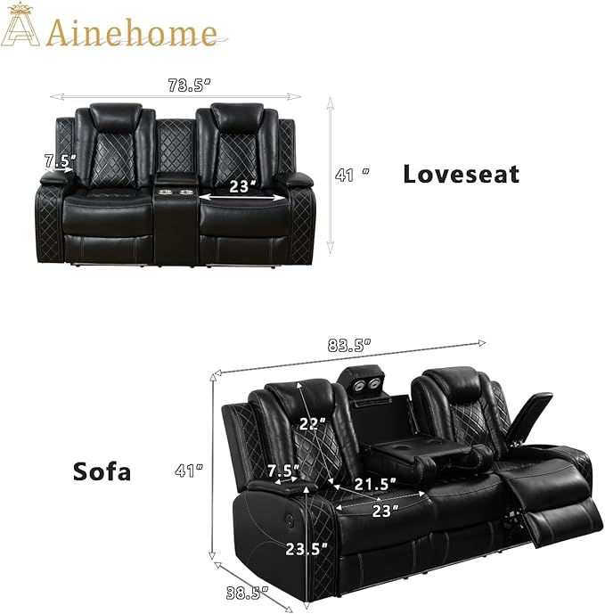 A Ainehome Luxury Furniture Sets Power Recliner Sofa Set Recliner Leather Sofas Loveseat Chair for Living Room Furniture/Small Space/Rv/House/Office/Theater Seating (F-Black,Sofa+Loveseat)