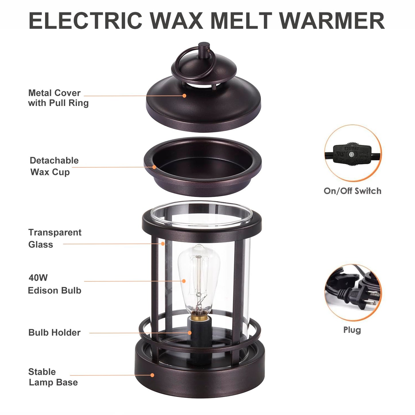 ORJG Electric Wax Warmer - Metal Wax Melting for Scented Wax, Edison Light Bulb Candle Wax Burner, for Home Decoration Office Wax Melting Melter, Gift (Retro, Castle)