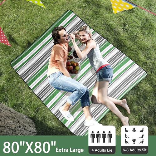 HX&OD Extra Large Picnic Blanket Outdoor 80”x80” Waterproof Picnic Mat Foldable 3-Layer Camping Blanket Portable with Carr...