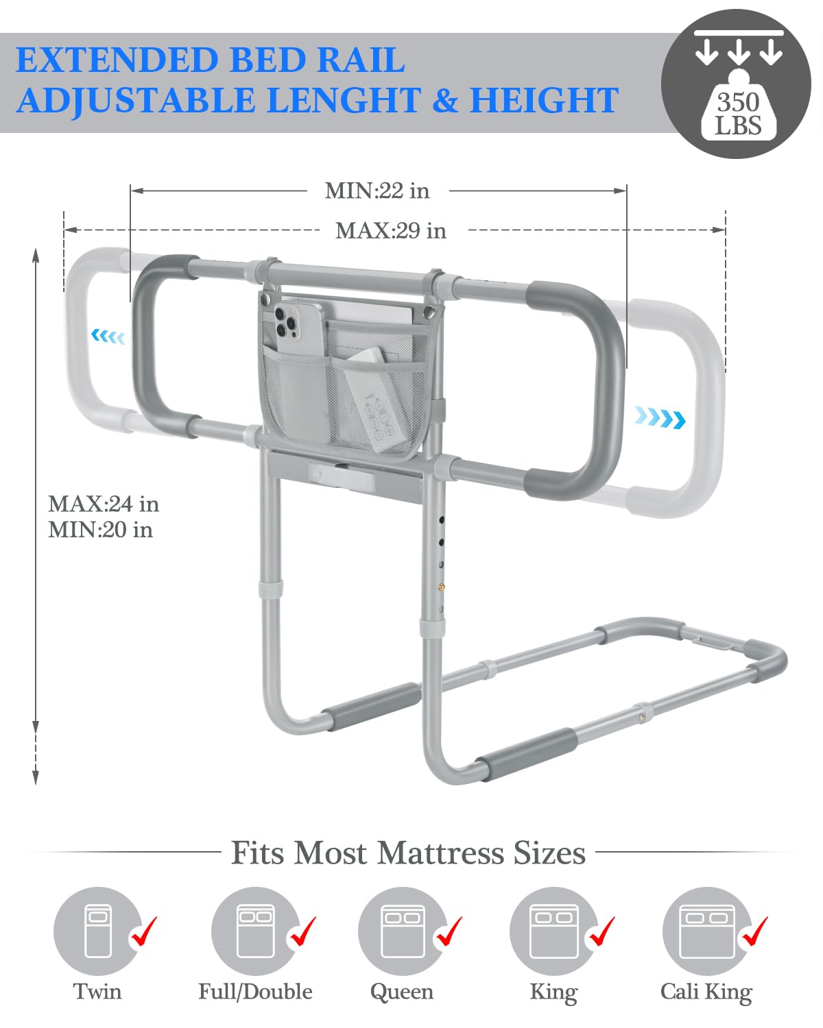 Bed Rails for Elderly Adults Safety, Extended Bed Assist Rail for Seniors with Motion Sensor Light - Adjustable Side Bed Guard Rails Handle Support Bar with Storage Bag, Fit King Queen Full Twin Bed