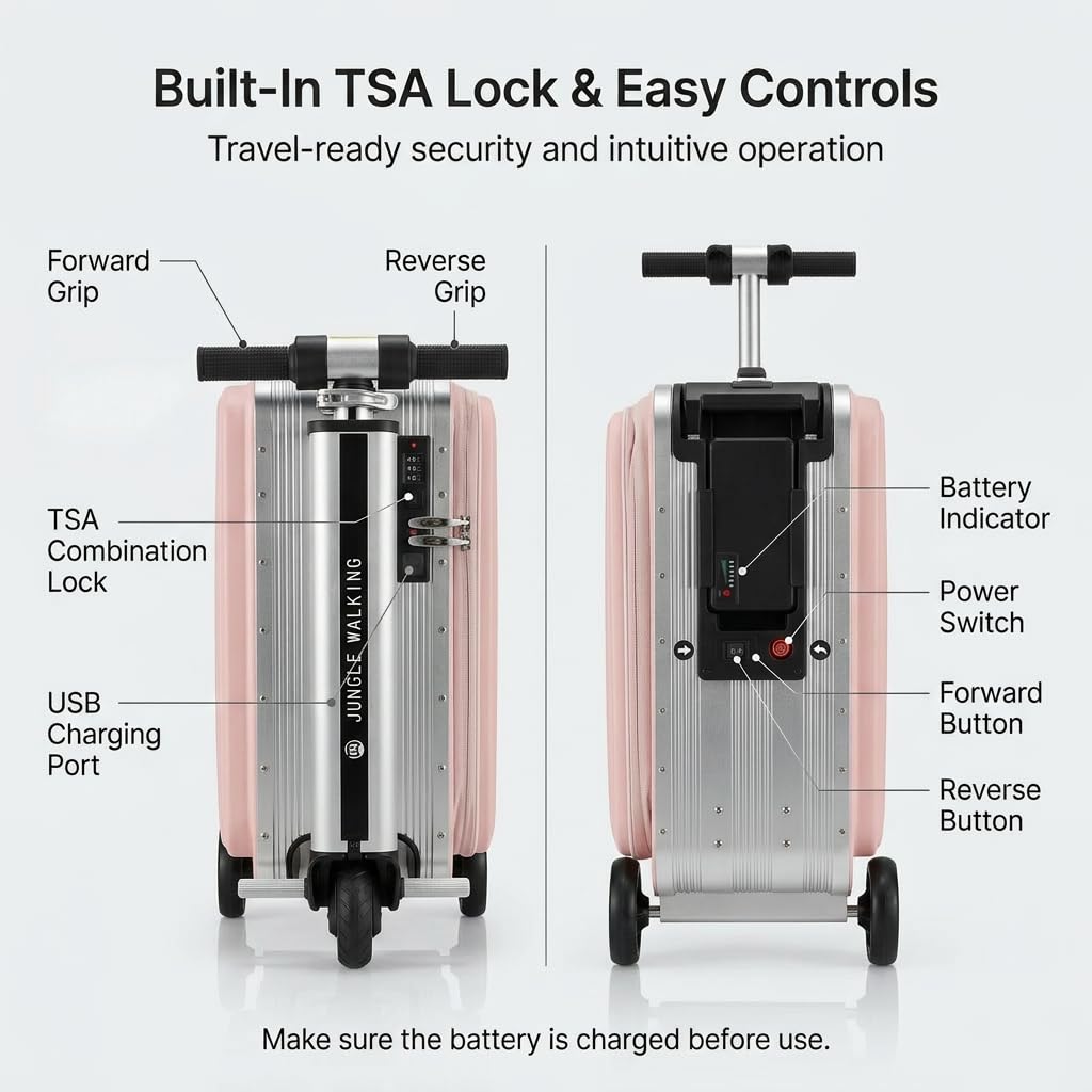 Pink Rideable Suitcase for Adults & Kids, 20" Carry On Electric Luggage with 250W Motor, 8 MPH, 5 Miles Range, Removable 93.6Wh Battery, TSA Lock, USB Charging, Max Load 240 lbs