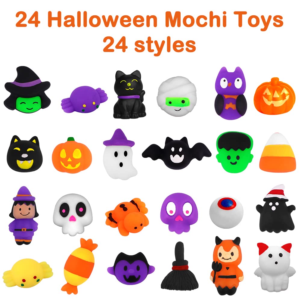 YUJUN 24PCS Halloween Mochi Squishy Toys with Black Cauldron,Kawaii Squishies Mini Stress Relief Toys for Halloween Party Favors Goodie Bag Stuffers for Kids Boys Girls