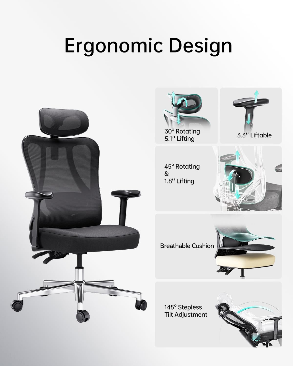 Hbada P3 Ergonnomic Office Chair with 2D Adjustable Lumbar Support, Office Chair with Adjustable Headrest and Armrest, 145° Stepless Tilt Function, Black(No Footrest)