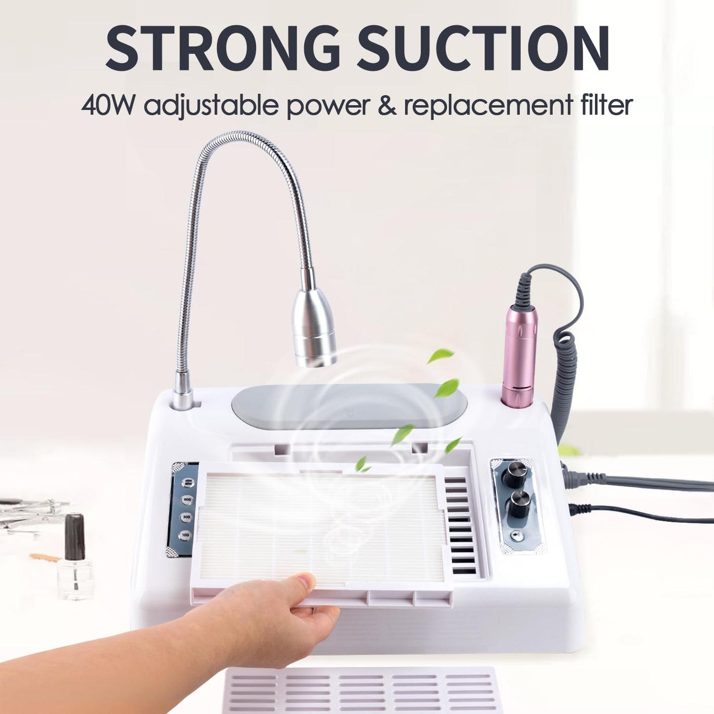 Nail Dust Collector Vacuum Multifunction Nail Art Machine includes 40W Nail Dust Suction, 30000PRM Nail Drill with Bits and Sand