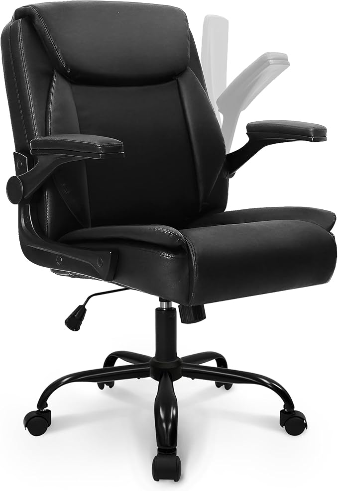 NEO CHAIR Office Desk Computer Chair Ergonomic Executive Mid-Back Leather Gaming Chair with Adjustable Flip-Up Armrests Wh...
