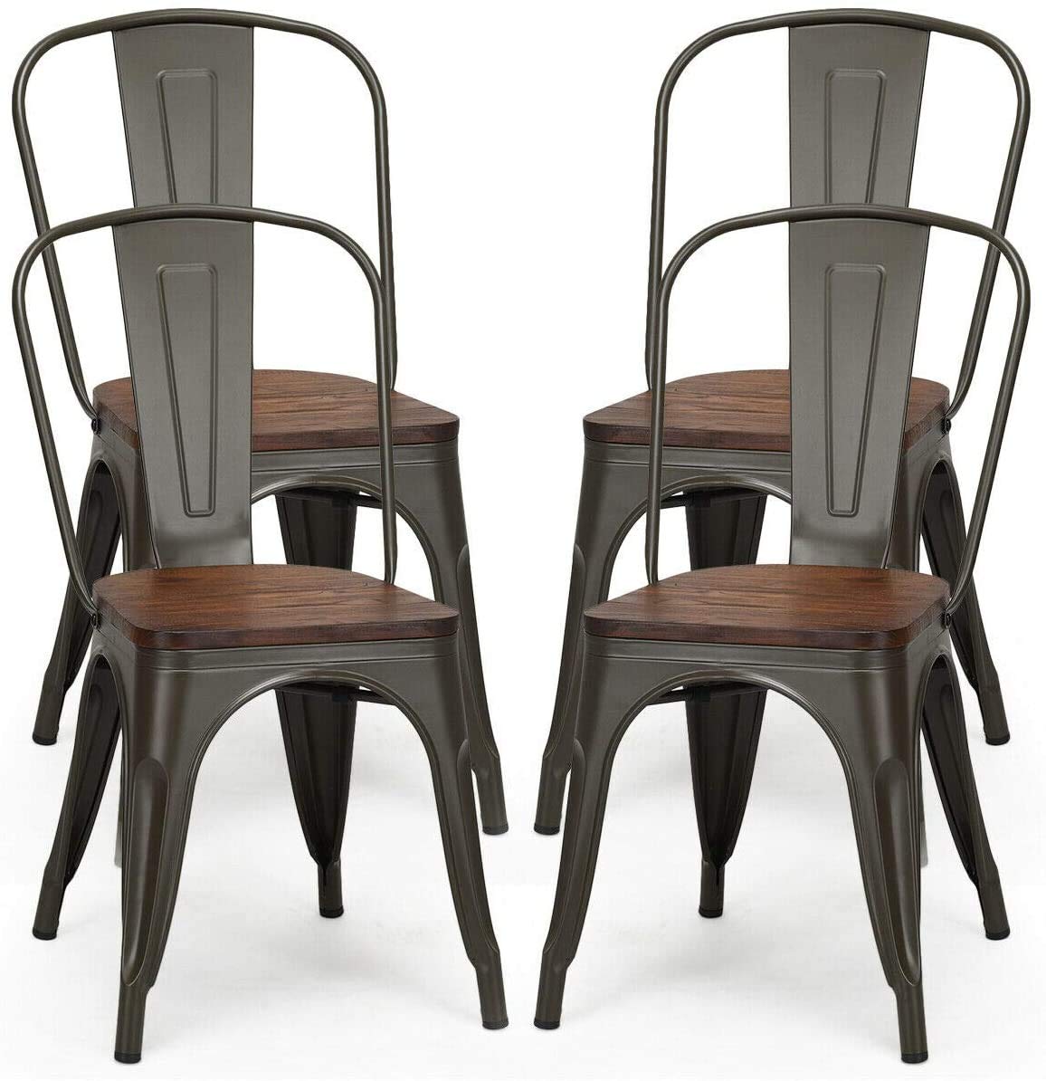 LDAILY LUARANE 18 Inch Dining Chair Set of 4, Vintage Industrial Stackable Counter Metal Bar Chairs, w/High Backrest Wood Seat Surface, for Home Kitchen Cafe Bar Use
