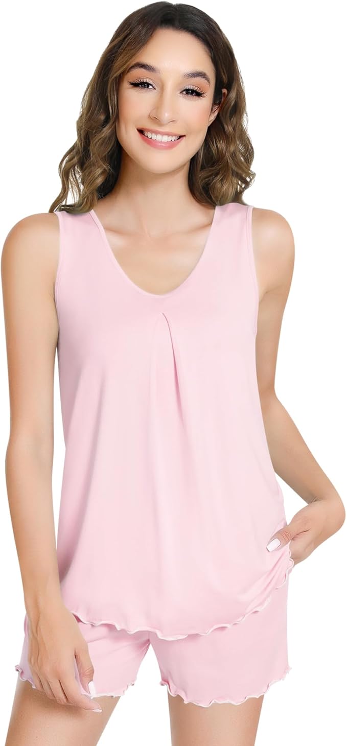 NACHILA Pajamas for Women-Viscose from Bamboo, Ribbed Racerback Tank Top Sexy Split Shorts Pajama Sets Cooling Sleep Cami Pjs