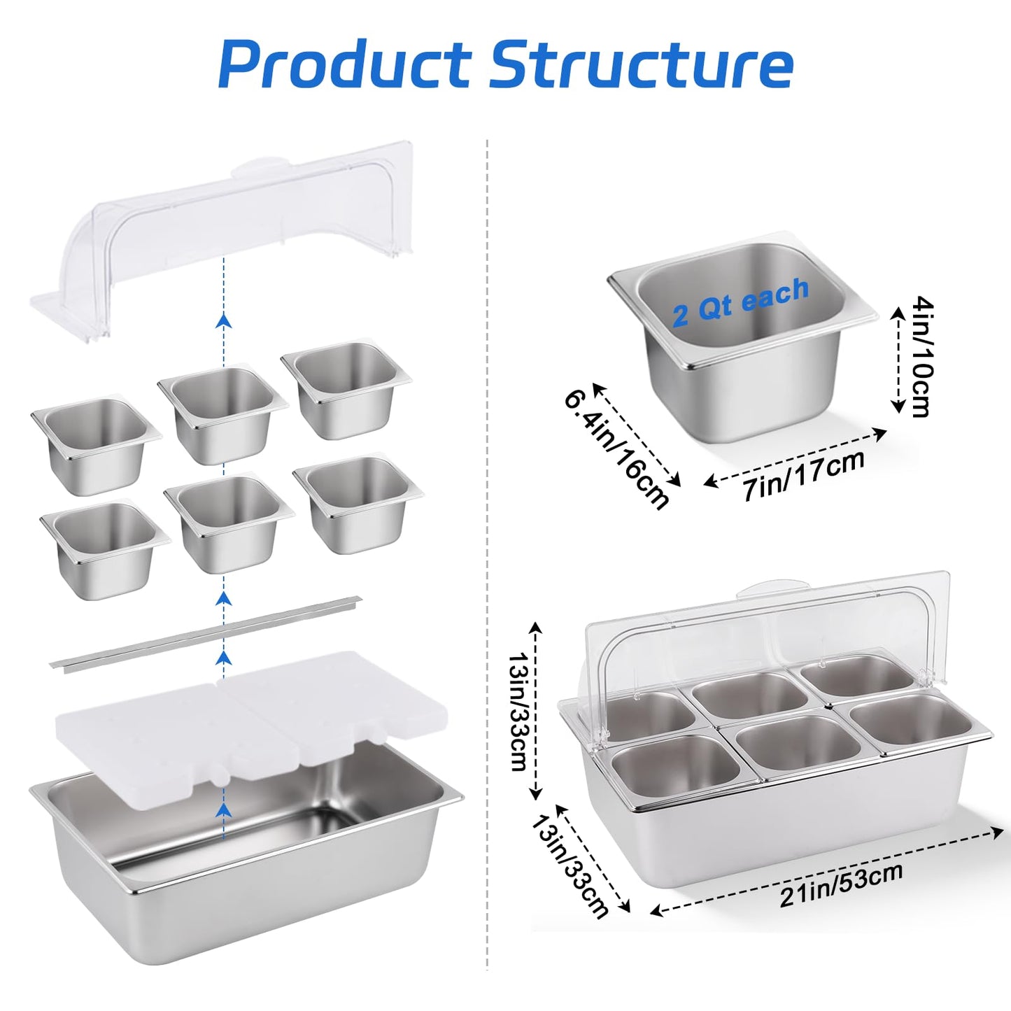 YMJOINMX Cold Food Buffet Server 9.6Qt (6 Pans×1.6Qt) with Ice Packs for Salad Pizza Sauce Colded Serving Trays Condiments Containers for Parties Buffet
