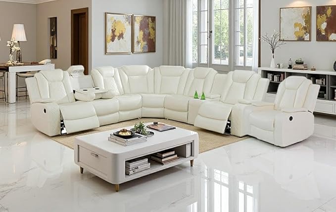 Dekmxas Creamy White Breathing Leather Power Reclining Sectional Sofa Set, Leather Recliner Sofa with LED Light, Living Room Furniture Sets with Storage Console/Cup Holder/USB Port for RV/Home Theater
