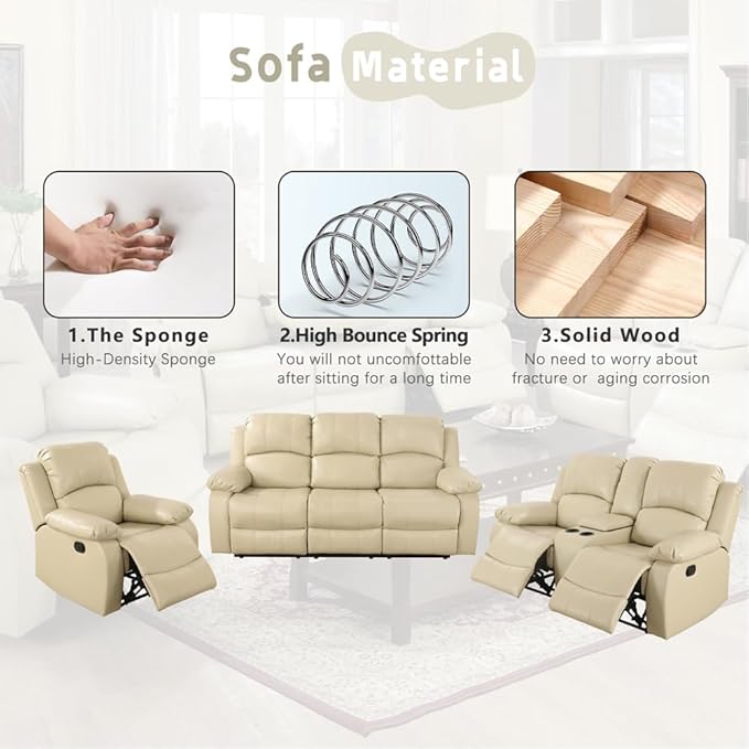 A Ainehome Recliner Sofa Set Living Room Manual Reclining Sofa Bonded Leather Loveseat Chair with Storage Console&Cup Holder Sectional Couch for Living Room/Home(A-Beige Leather, 3 Piece Set)