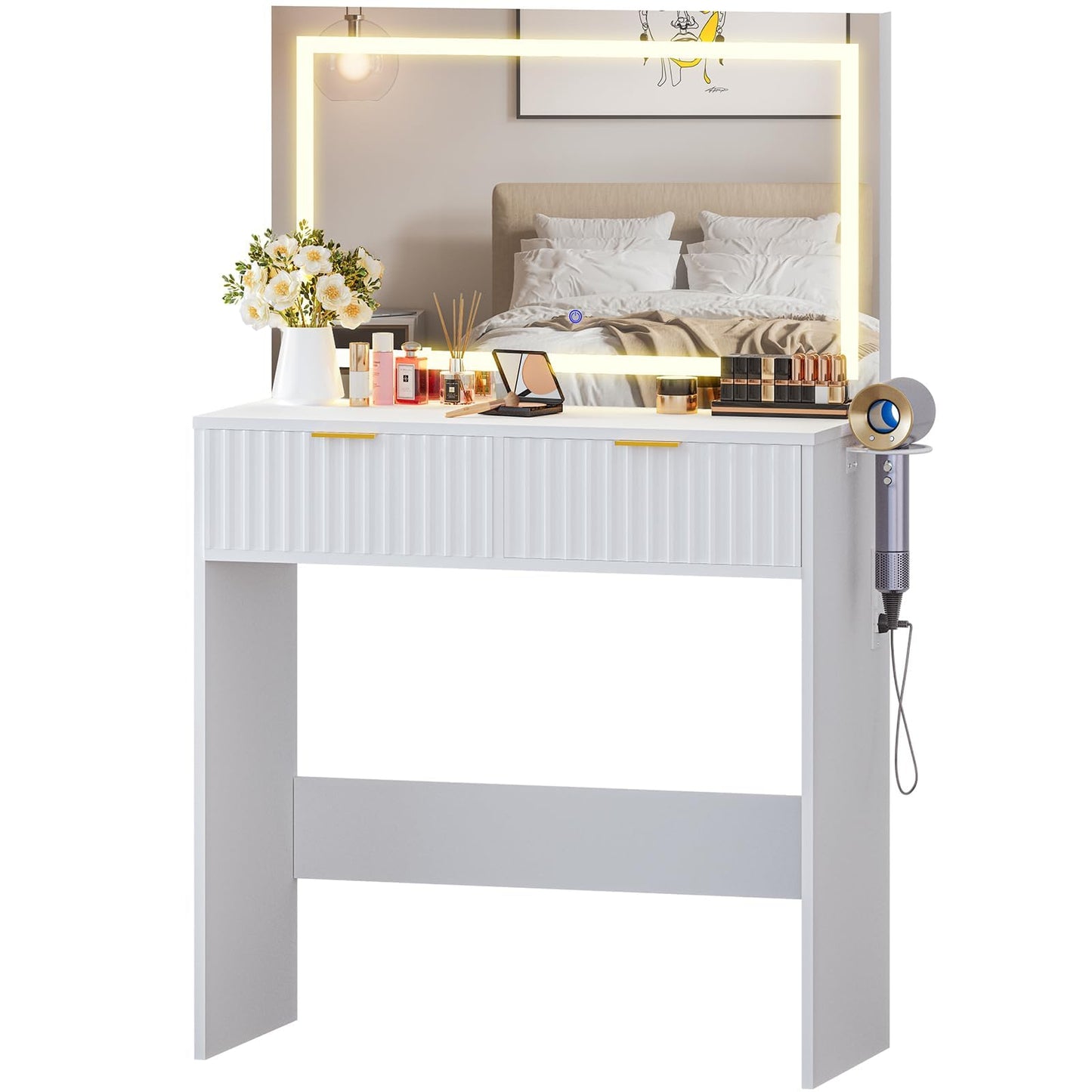 GAOMON Vanity Desk with Mirror and Lights, Fluted Wood Makeup Vanity with 2 Drawers, Modern Dressing Table with 3 Lighting Modes & Charging Station, Hair Dryer Rack for Bedroom, Light Wood/Gold