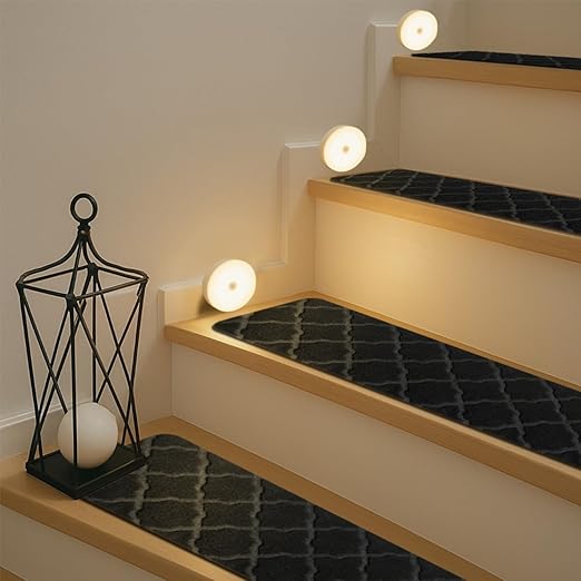 Stair Treads for Wooden Steps Indoor, Includes 15 Non-Slip Carpet Mat 8x30in with 5 Motion Sensor Lamps, Peel & Stick Carpet Stair Treads,Safety Stair Rugs for Kids, Elderly and Pets (Black)
