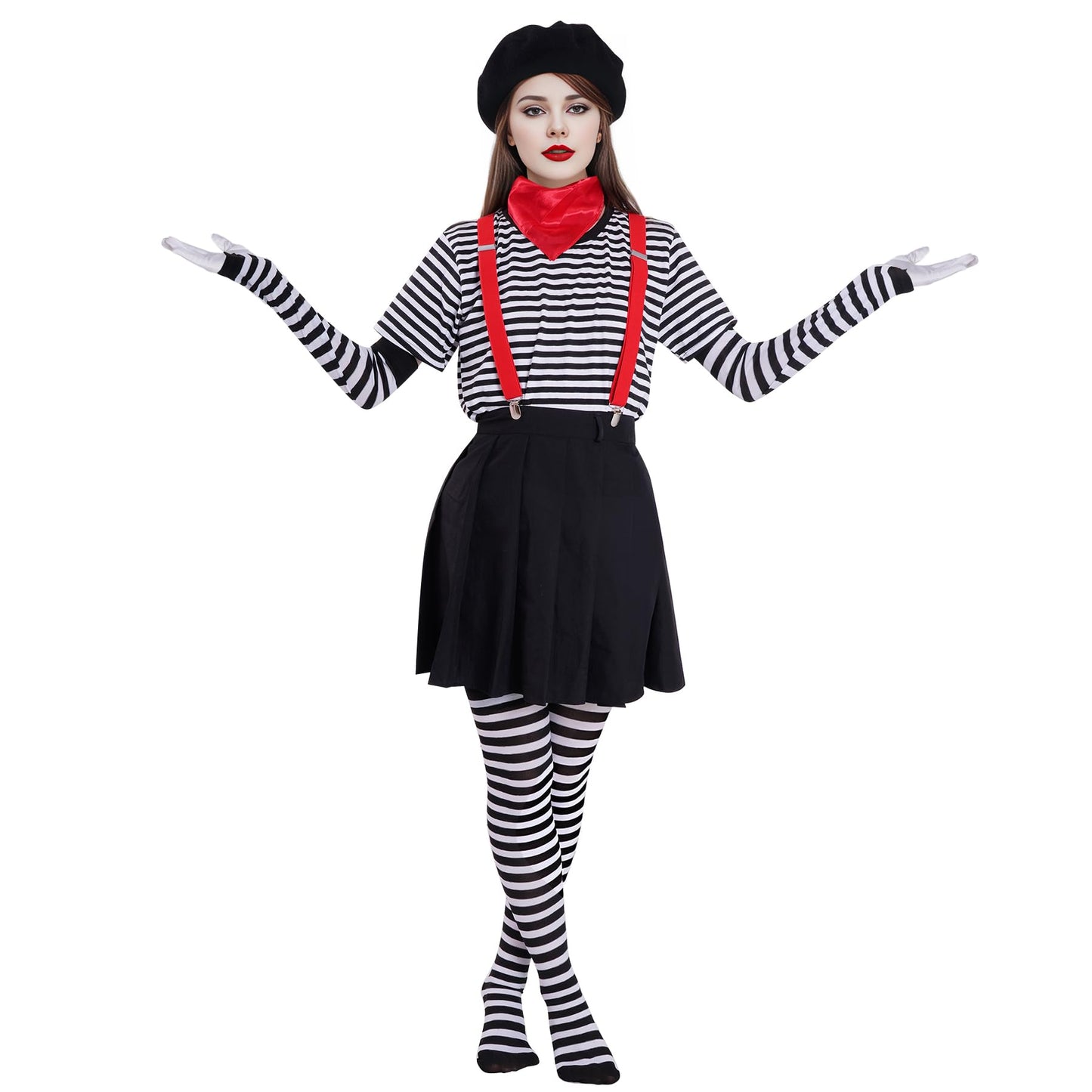 mifengda 6Pack Women Mime Artist Costume Accessories Girl French Mime Costume Halloween Outfit with Beret Gloves Suspender Scarf Socks for Halloween Dress Up Costume