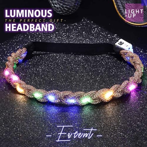 EARENT Light Up Rave Headband Gold Glow Rhinestone Hair Accessories for Women