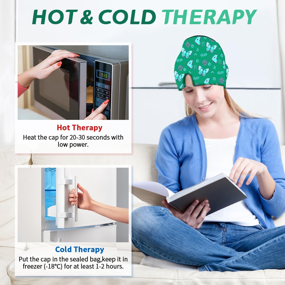 Migraine Relief Cap, Soothing Headache Ice Face Mask Products, Hot and Cold Therapy, Migraine Headache Relief Cap for Migraine, Sinus, Puffy Eyes, Tension, Stress and Hangover (Pink+Green)