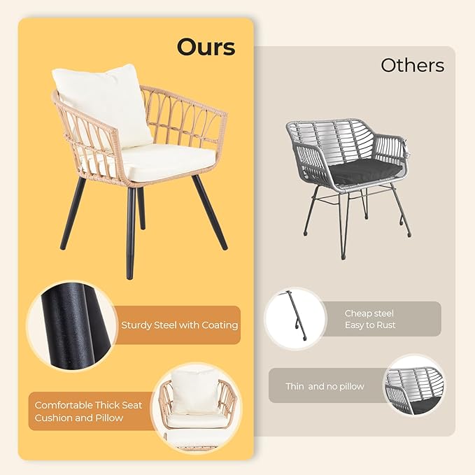 PORWEY 5 Piece Patio Bistro Set with Ottoman, Outdoor Wicker Apartment Balcony Furniture Sets, Rattan Table and Chairs Set of 2 for Porch Backyard Deck, Yellow,Beige