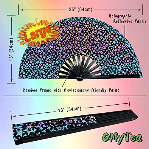OMyTea Reflective Rave Hand Fan Foldable for Women/Men/Drag Queen - Large Clack Festival Folding Hand Fan - for EDM, Music...