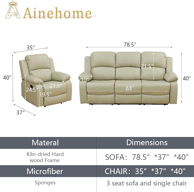 A Ainehome Living Room Furniture Set Bonded Leather Recliner Sofa Set Loveseat Chair Furniture Sofa Set for Living Room/Rv/House/Office/Theater Seating (A-Beige Leather, Sofa+Chair)