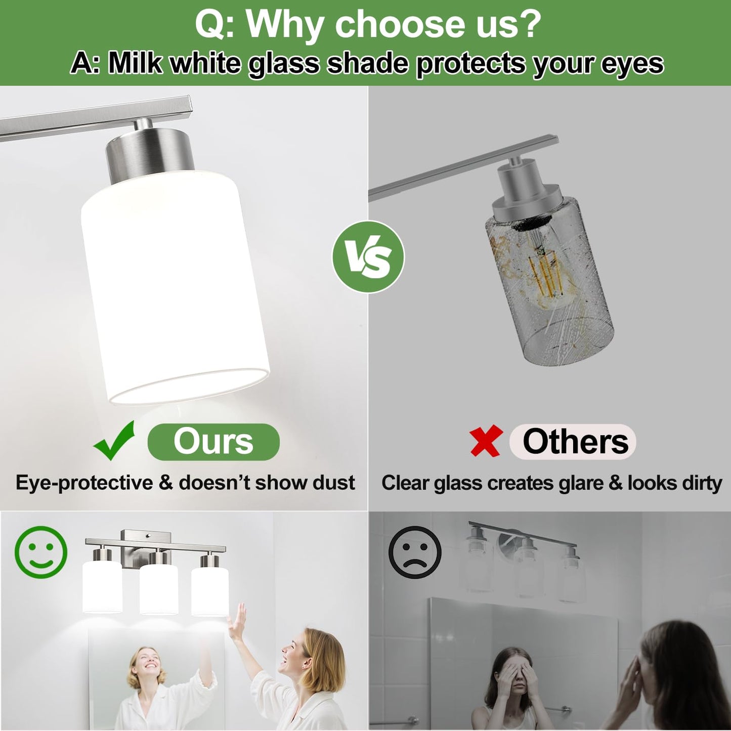 Brushed Nickel Bathroom Light Fixtures with Milk Glass Shades, Eye-Friendly 3 Light Vanity Lights for Bathroom, Vanity Lights with E26 Socket, for Mirror, Living Room, Bedroom, Hallway