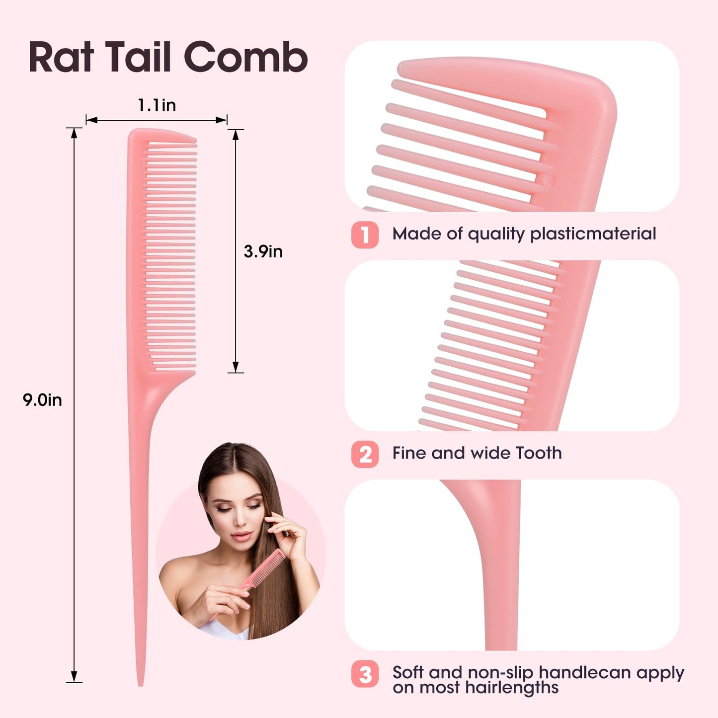 Rat Tail Comb Set-3Pcs Rat Tail Hair Teasing Fine Tooth Combs for Women Girls, Parting &Hair Styling Tools(Pink Purple Green)