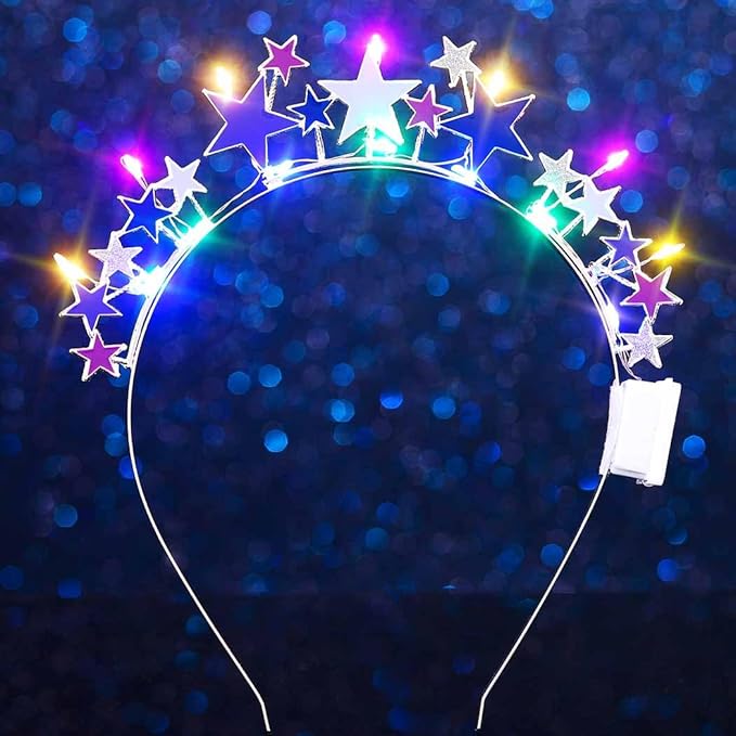 DRESBE Light Up Colorful Star Headband New Year LED Stars Headbands NYE Glow Party Hair Accessories for Women (Silver)