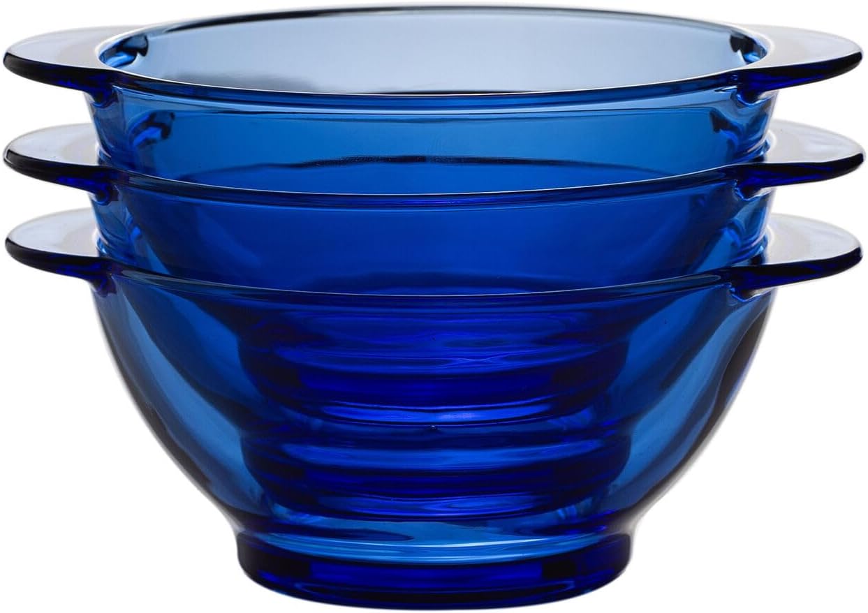 STP GOODS Glass Soup and Salad Bowl with Handles, Cobalt Transparent Glass Eating Plates, Circular Dinnerware for Salad, Bread, Dinner (Blue 4 pcs)