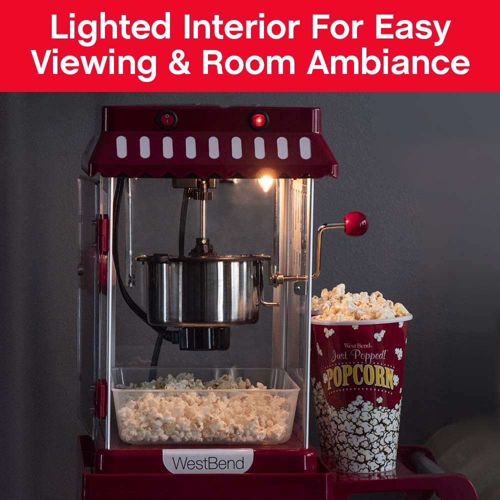 West Bend Popcorn Popper Machine Theater Style on Wheeled Cart with Non-Stick 2.5 Oz Stainless Steel Popcorn Kettle, Storage Shelf, and Popcorn Scoop, 10-Cup, Red