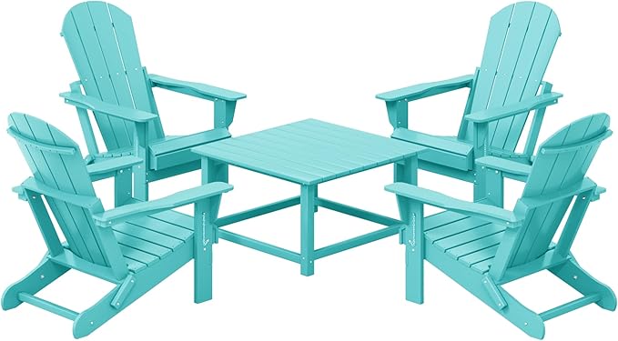 Costaelm Patio Conversation Set, 5 Piece Balcony Furniture, Small Patio Firepit Furniture Outdoor Adirondack Square Coffee Table and Chair for Backyard Lawn Porch Pool Garden, Turquoise