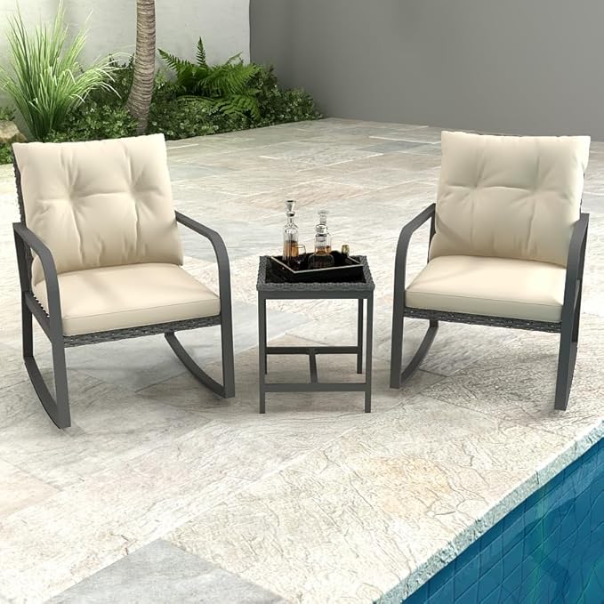 HLNPTN 3 Pieces Patio Furniture Set, Rocking Chairs Wicker Outdoor Bistro Set Armchair Patio Furniture Conversation Sets with Tempered Glass Top Coffee Table & Cushions, Off White