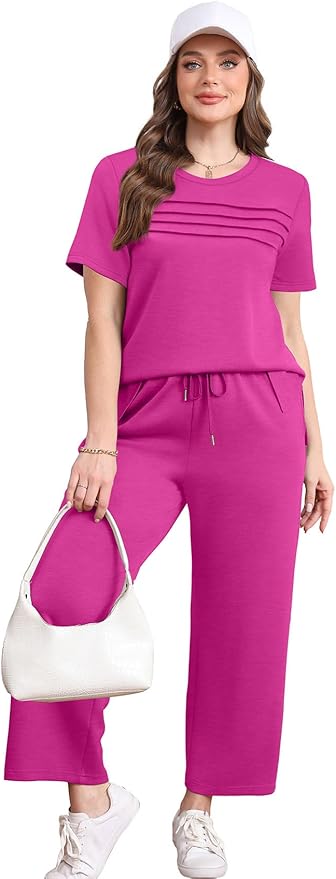WIHOLL Two Piece Sets for Women Summer Travel Vacation Outfits Short Sleeve Lounge Sets Side Slit Wide Leg Pants S-3XL