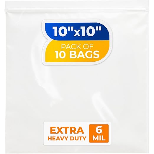 10" x 10" Medium Zip Seal Lock Bags, 6 Mil (Pack of 10) – Heavy-Duty Reclosable Plastic Bags – Clear, Resealable, Waterproof – For Storing and Organizing Clothes, Jewelry, and Travel Items