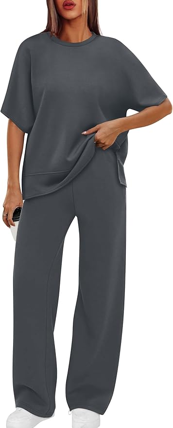 XIEERDUO Women's Side Slit Lounge Sets 2 Piece Travel Outfits Airport Tracksuit Oversized Wide Leg Loungewear S-3XL