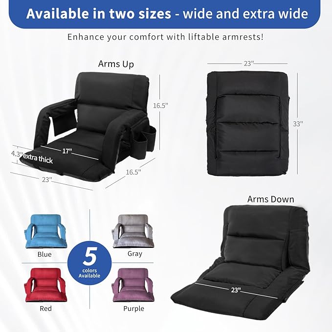 Stadium Seats with Back Support,Wide Stadium Chairs with Back and Cushion, Sofa Style Stadium Seats, 6 Reclining Positions, Extra Thick Bleacher Seat for Sports Events (Black-1 Pack, Wide|22.5")