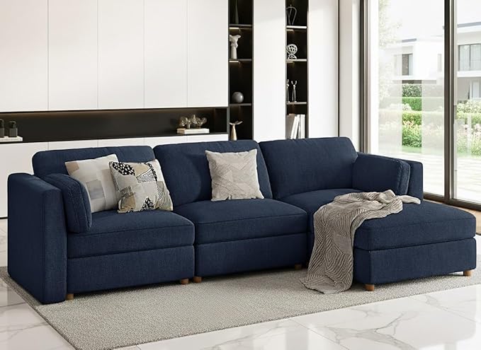 CUGOAO 118'' Modular Sectional Sofa, Oversized L-Shaped Sectional Couch with Ottoman, Deep Seat Chenille Cloud Couch, Mordern Upholstered Couches for Living Room, Apartment, Office, Blue