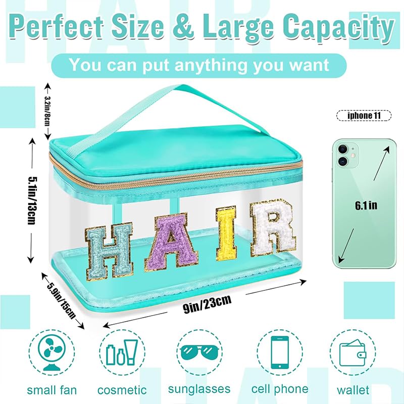 Chenille Letter Clear Makeup Bags Hair Pouch, Preppy Patch Makeup Bag Zipper with Handle, Transparent PVC & Nylon Waterpro...