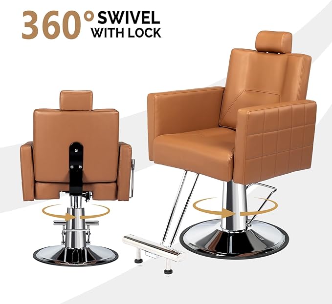 OmySalon Hydraulic Barber Chair Heavy Duty, Salon Chair for Hair Stylist All Purpose, Reclining Hair Salon Chair for Braiding Shampoo Facial Waxing Beauty Spa, 360 Degree Swivel, Camel